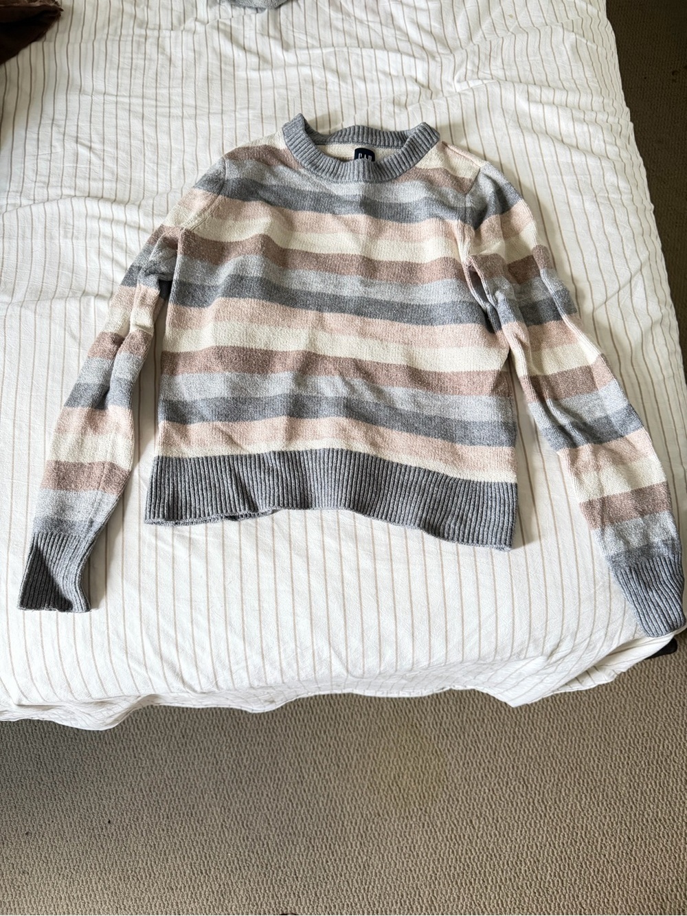 GAP Striped Crewneck Sweater in Gray, Cream & Brown